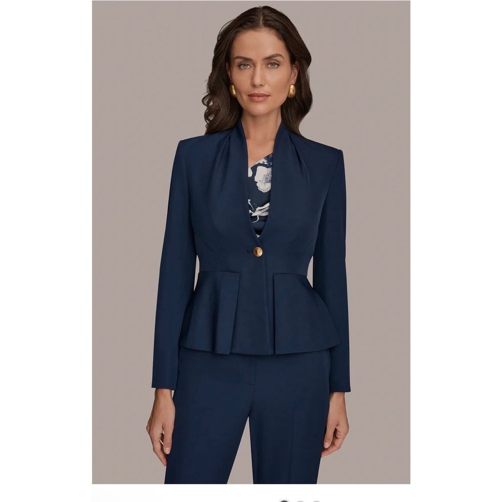 Donna Karan Navy Blue Peplum Blazer Single Gold Button Pleated Jacket 6P